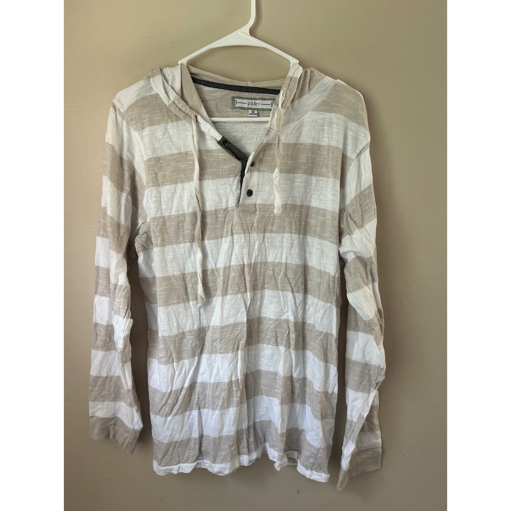 Y2K pd&c Mens Striped Hoodie‎ Shirt Casual Long Sleeve 2 Button M Surfer Preppy